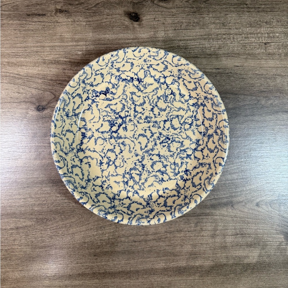 Vintage Robinson-Ransbottom Blue Spongeware 9” Pie Baking Plate 1-3/4”H x 9-3/4H